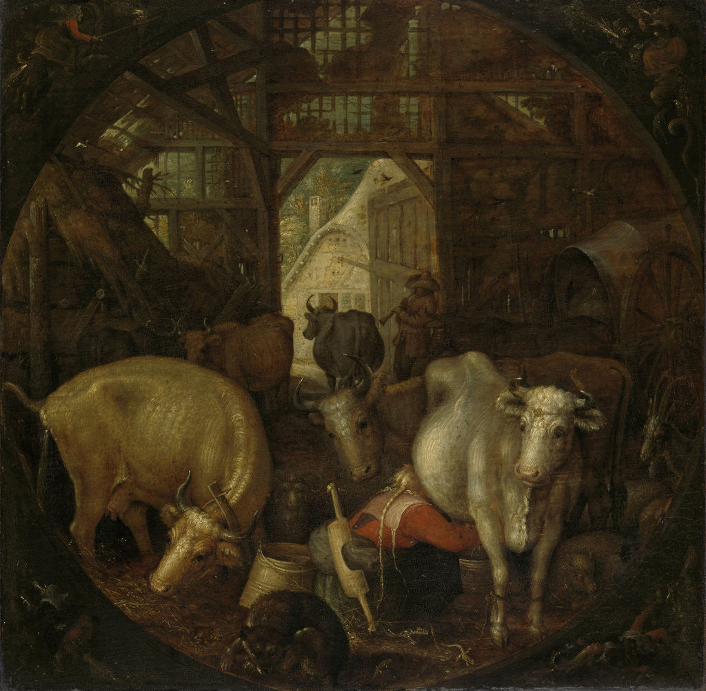 Detail of Cows in a stable; witches in the four corners by Roelant Savery