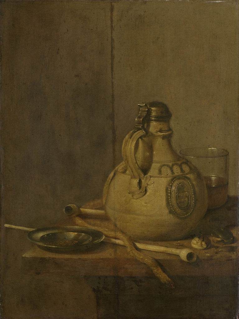 Detail of Still Life with Stoneware Jug and Pipes by Jan Jansz. Treck