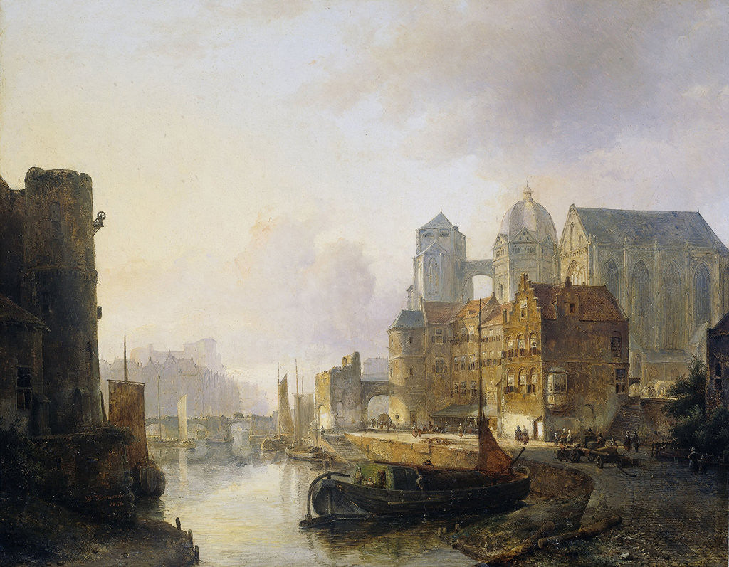 Detail of Fantasy View of a City on a River with the Aachen Cathedral by Kasparus Karsen