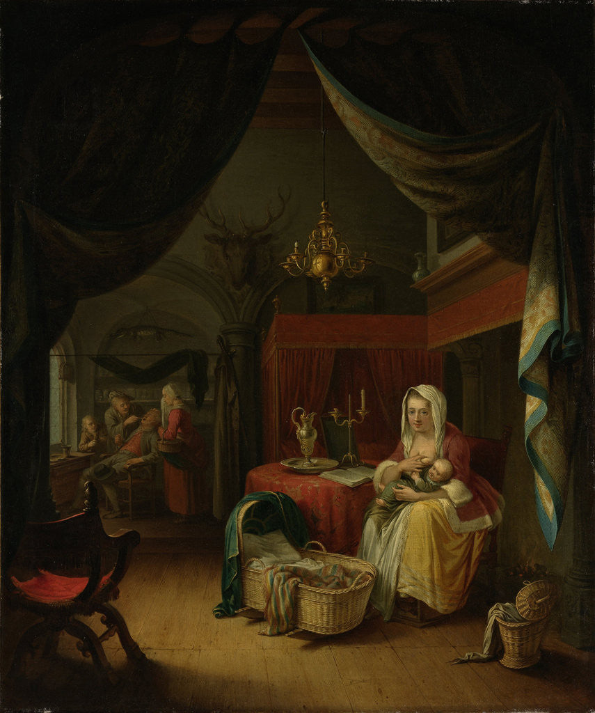 Detail of Triptych with an Allegory of Art Education, central panel, The Lying-in Room (A Mother Nursing her Child), a Dentist in the background by Willem Joseph Laquy