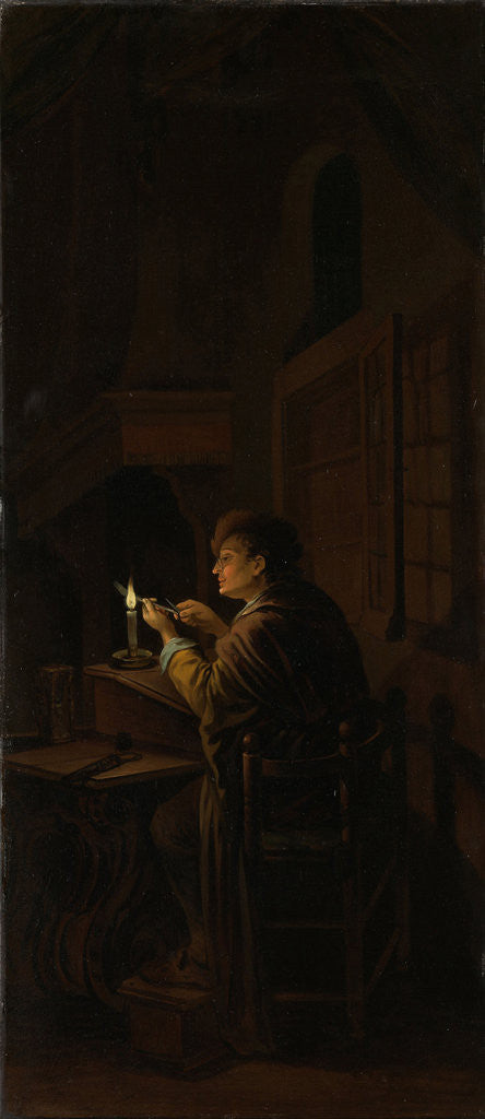 Detail of Triptych with an Allegory of Art Education, right panel, Schoolmaster Mending his Pen by Willem Joseph Laquy