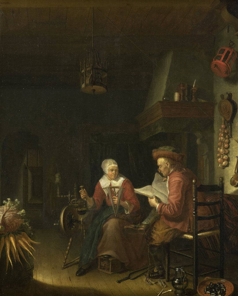 Detail of Interior with a man reading and a woman spinning yarn by Domenicus van Tol