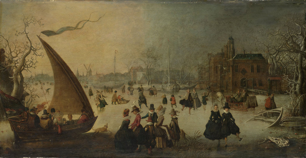 Detail of Landscape with a frozen Canal, Skaters and an Ice Boat (Winter Entertainment) by Adam van Breen