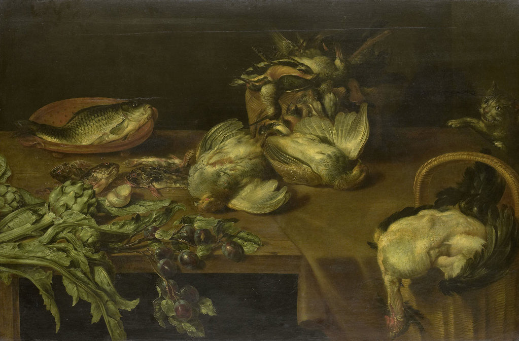 Detail of Still Life with Birds and Fish by Alexander Adriaensen