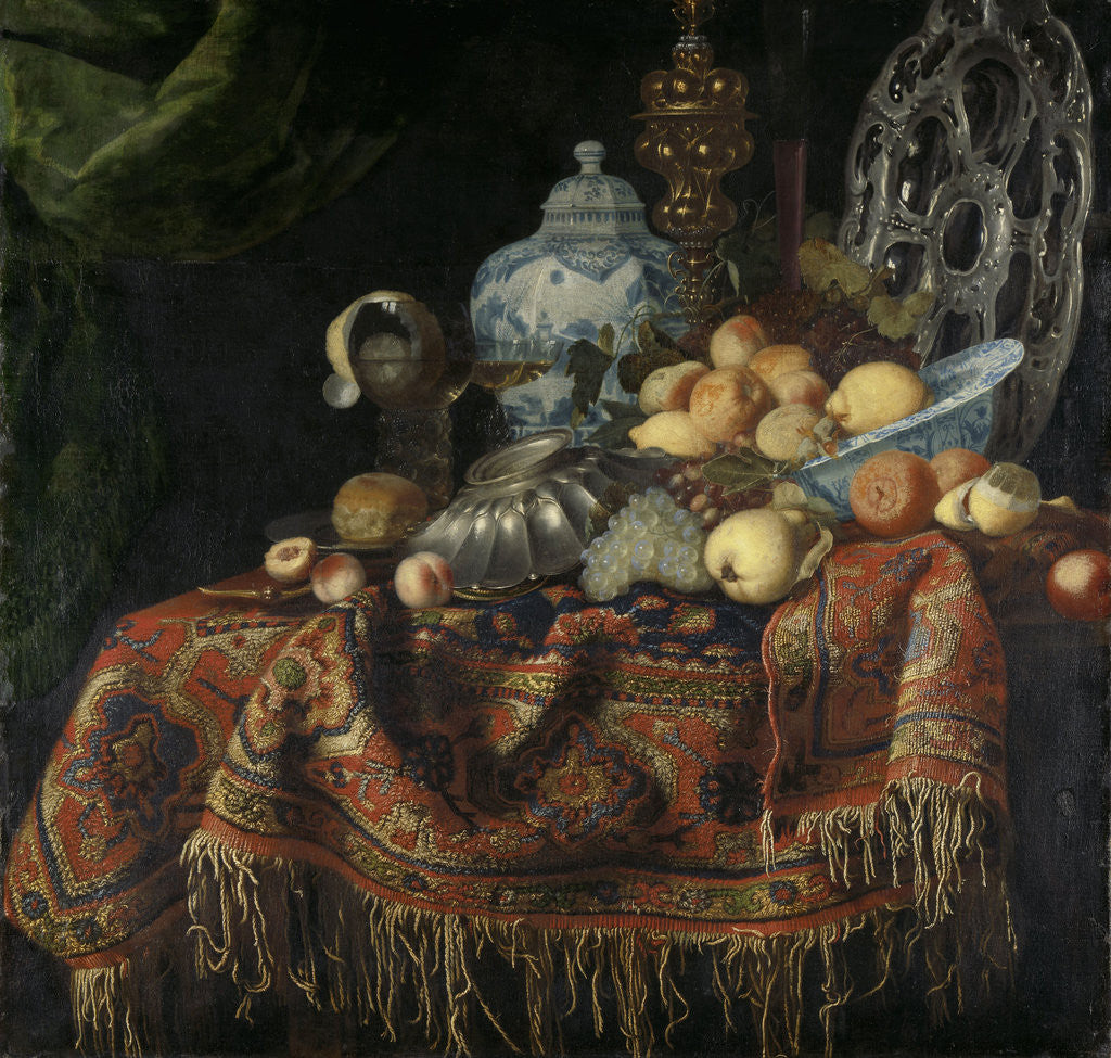 Detail of Still Life with Fruit and Crockery on a Turkish Carpet by Francesco Fieravino