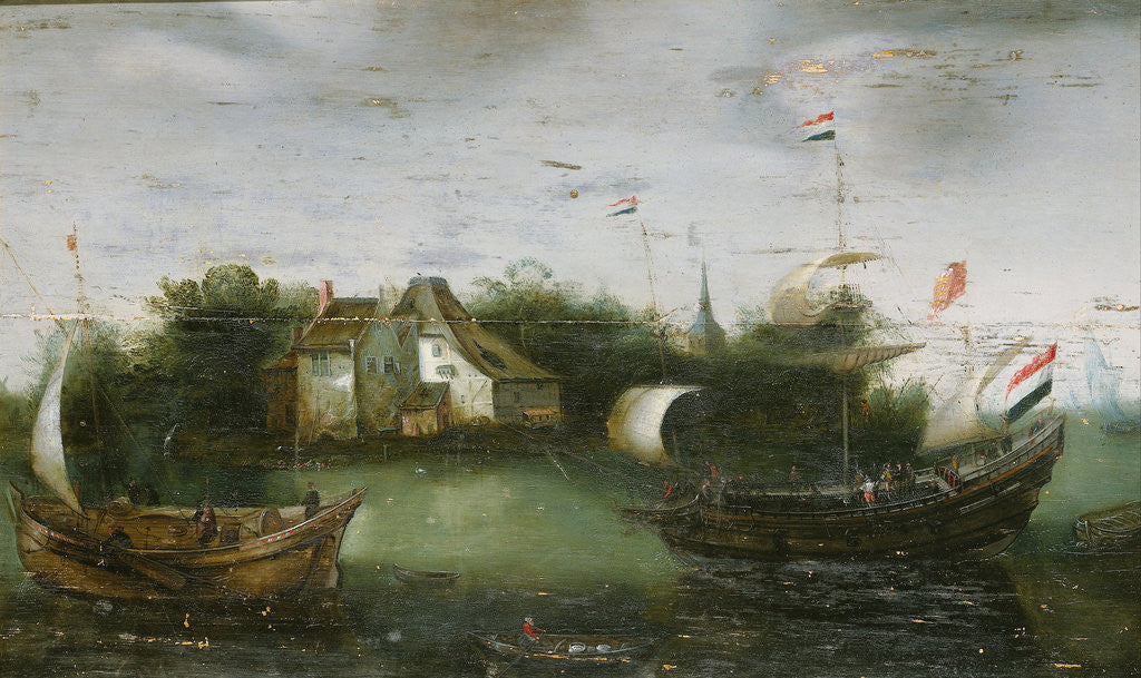 Detail of A Ship Sailing on an inland Waterway by Anonymous