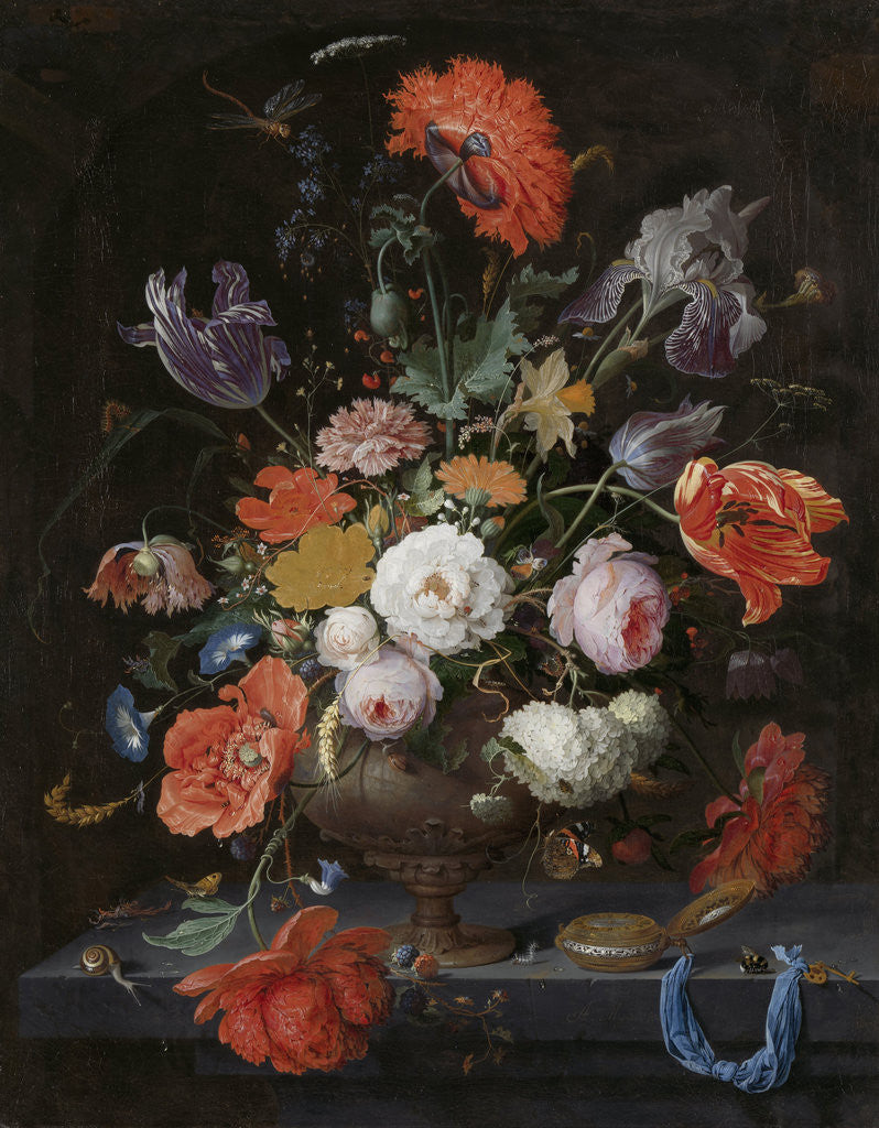 Detail of Still Life with Flowers and a Watch by Abraham Mignon