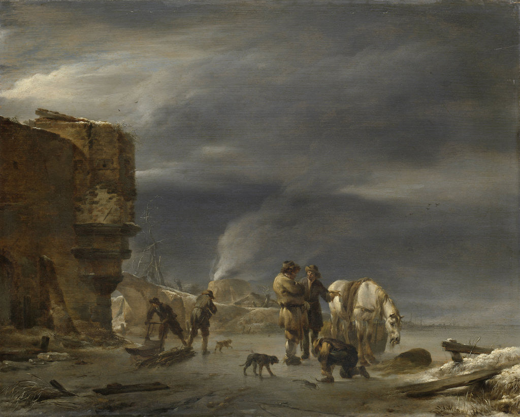 Detail of Winter Landscape near a Town by Nicolaes Pietersz. Berchem