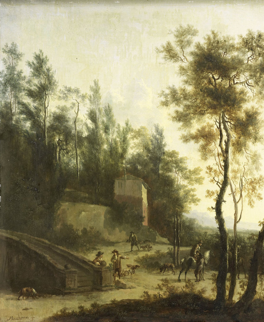 Detail of Italian landscape with hunters by Frederik de Moucheron