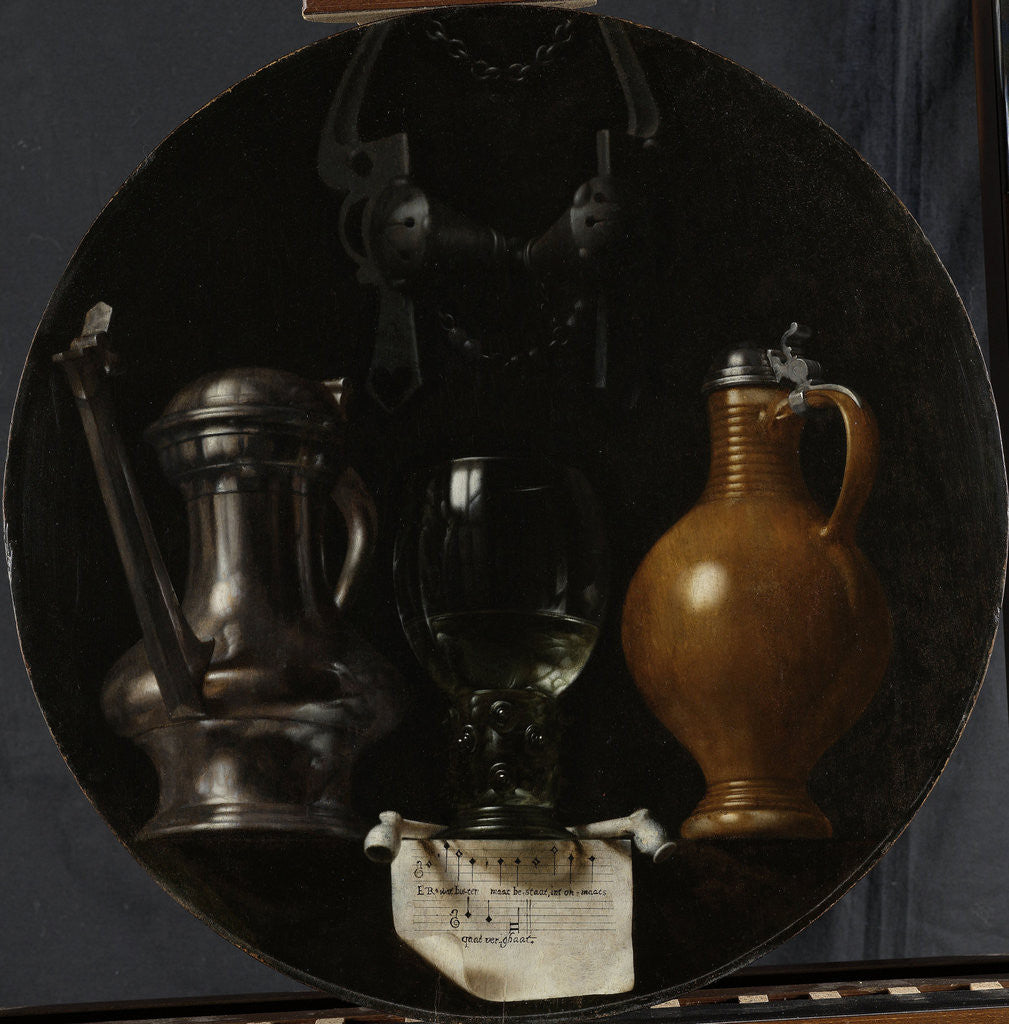 Detail of Emblematic Still Life with Flagon, Glass, Jug and Bridle by Johannes Torrentius