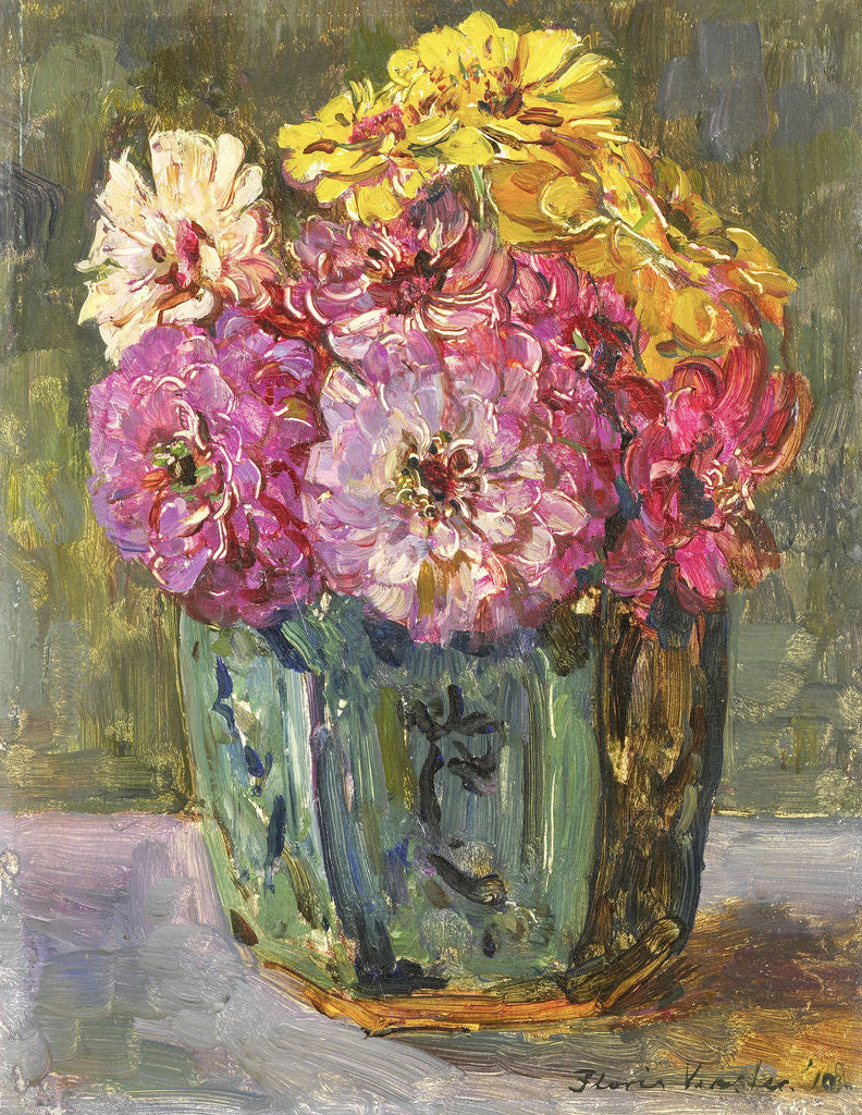Detail of Still life with zinnias in a ginger jar by Floris Verster