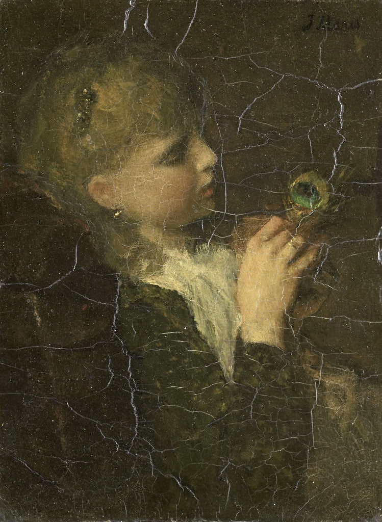 Detail of Girl with peacock feather by Jacob Maris