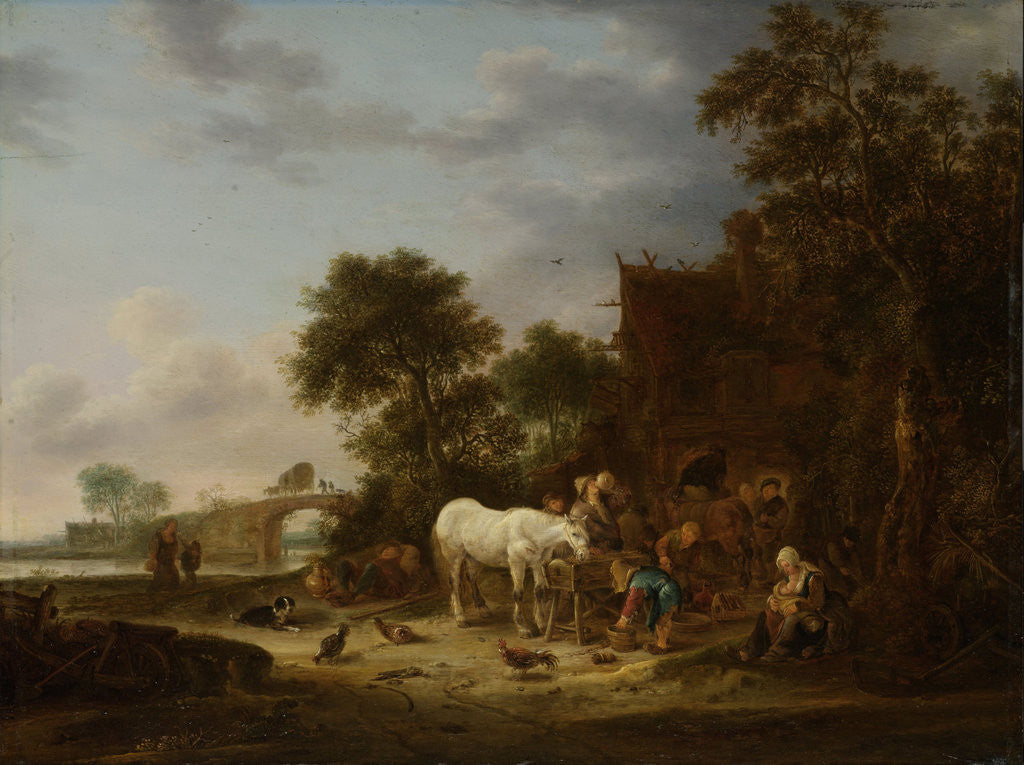 Detail of Country inn with a horse at the trough by Isaac van Ostade