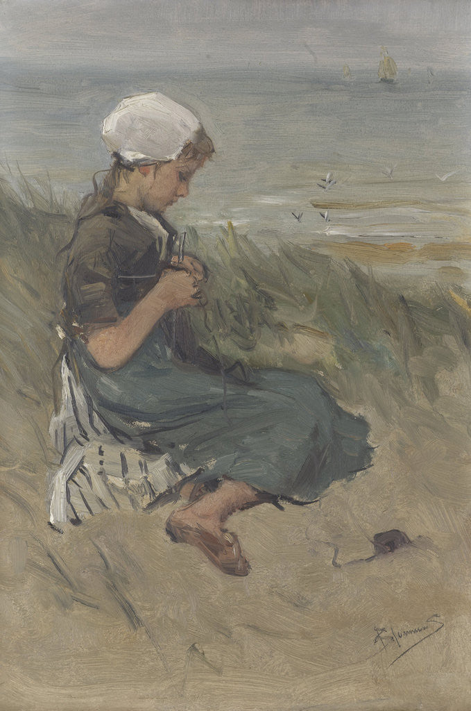Detail of Knitting girl on a dune by Bernardus Johannes Blommers