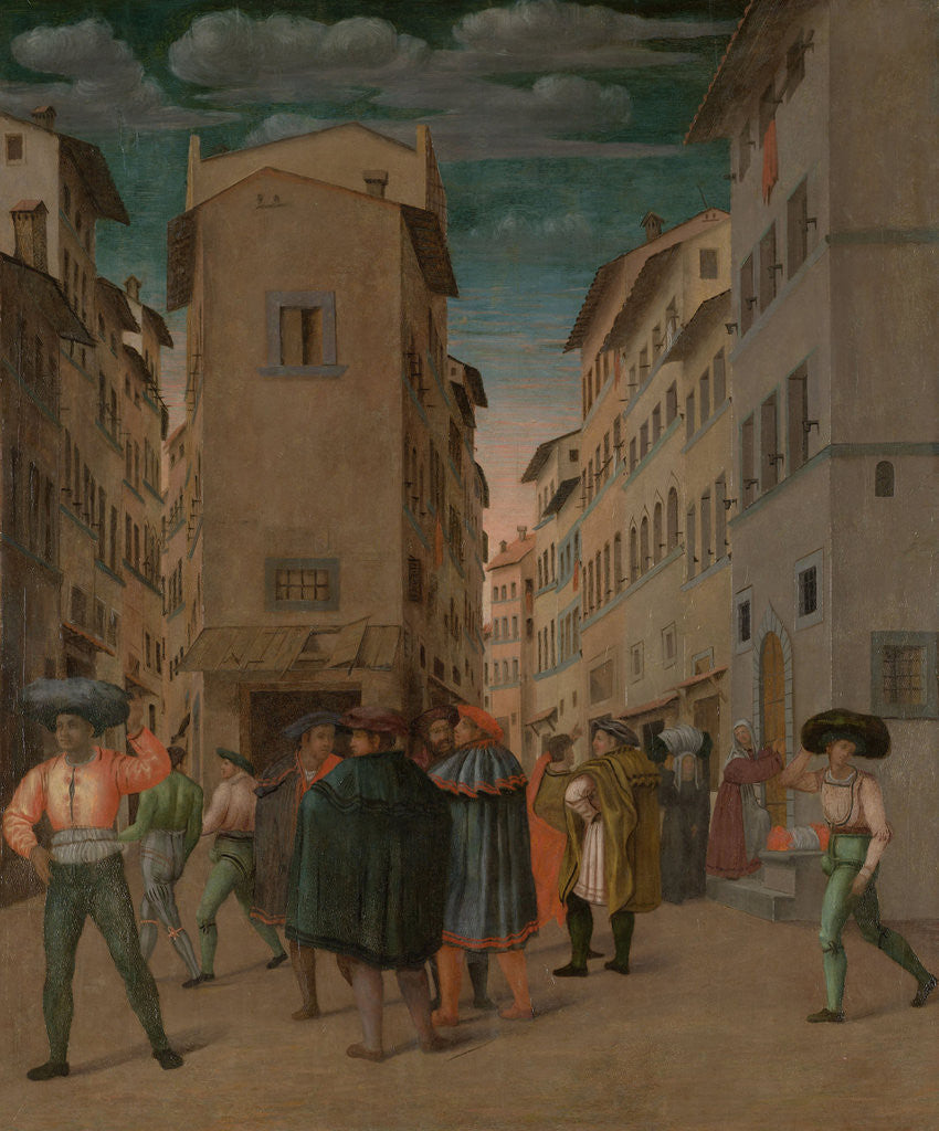 Detail of Florentine Street Scene with Twelve Figures (Sheltering the Traveler, one of the Seven Works of Mercy) Italy by Anonymous