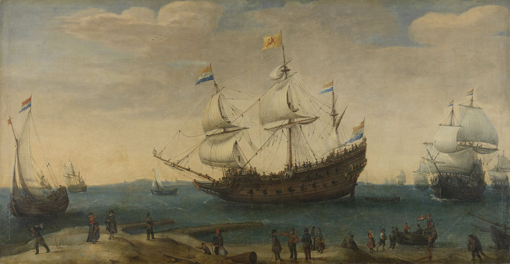 Detail of A number of East Indiamen off the Coast (The Mauritius and other East Indiamen Sailing out of the Marsdiep) by Hendrik Cornelisz. Vroom