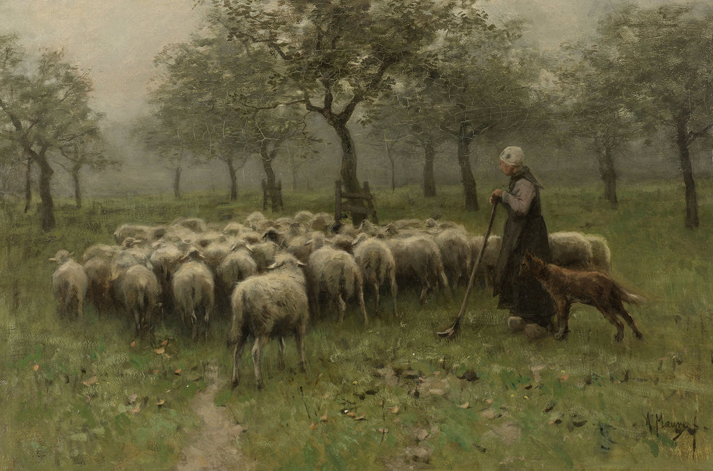 Detail of Shepherdess with a Flock of Sheep by Anton Mauve
