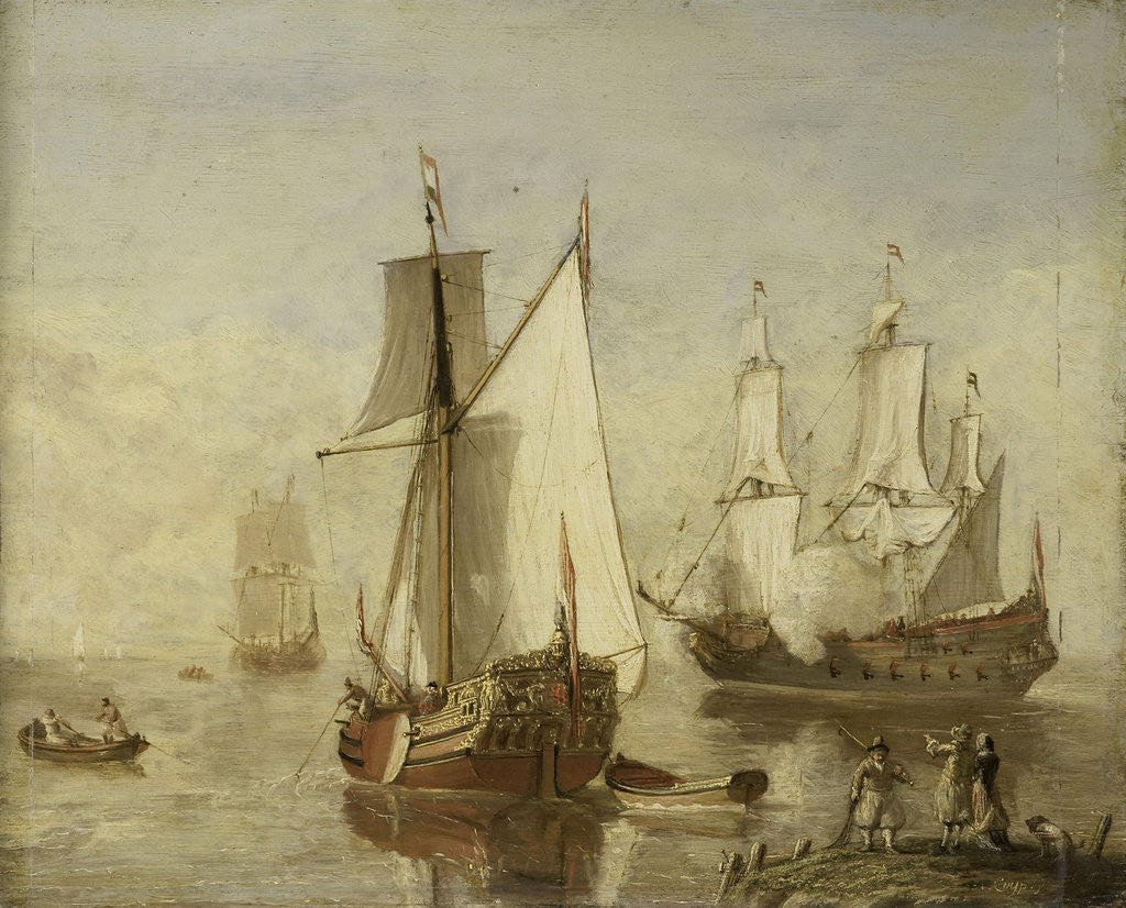 Detail of Speeljacht (Pleasure Yacht) and Warship by Anonymous