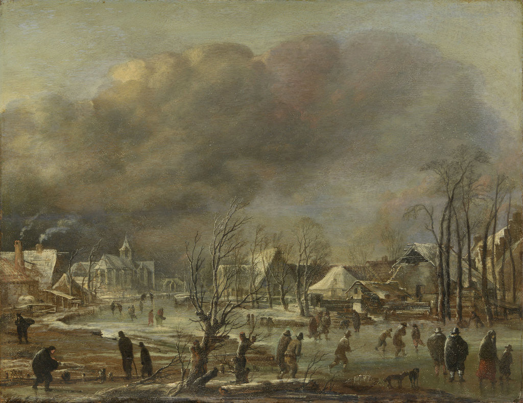Detail of Snowfall on a village beside a frozen canal by Aert van der Neer