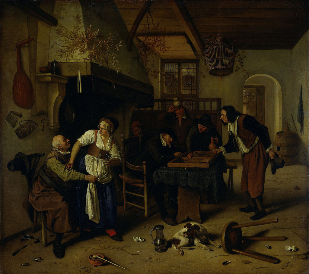 Detail of Interior of an inn with an old man amusing himself with the landlady and two men playing backgammon, known as 'Two kinds of games' by Jan Havicksz. Steen