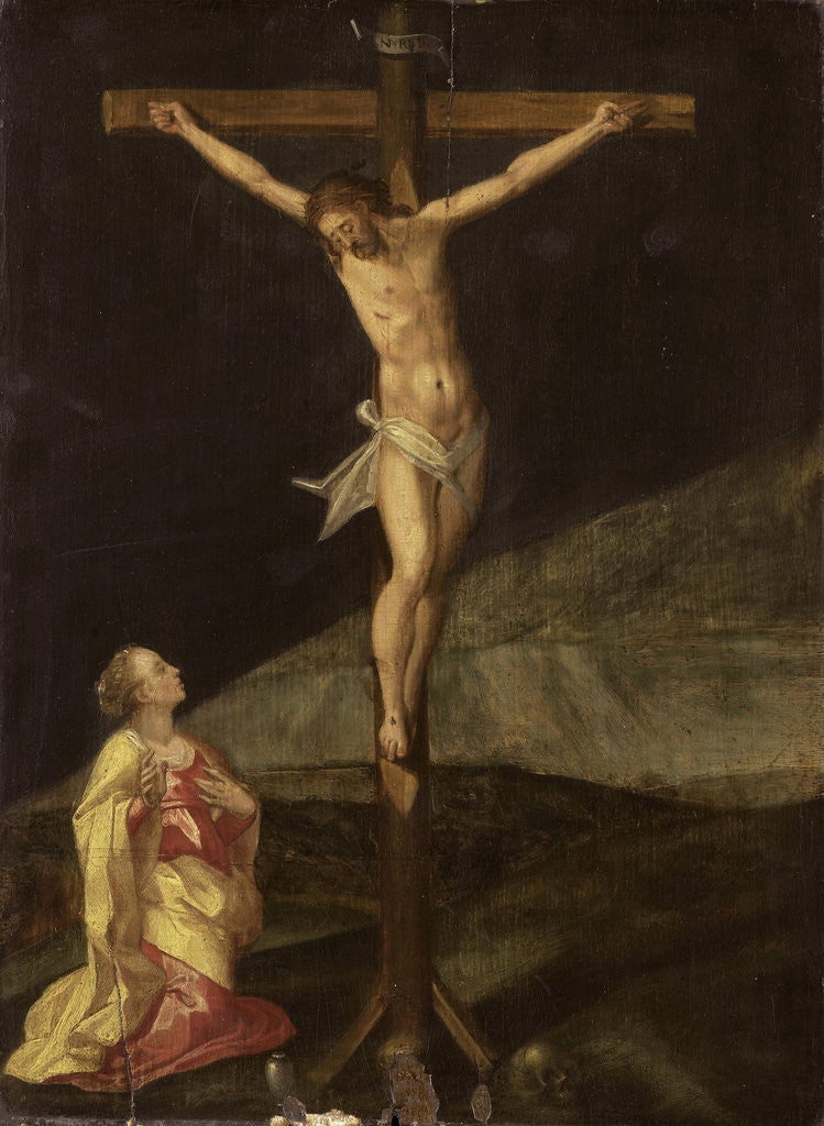 Detail of Mary Magdalene at the foot of the cross by Anonymous