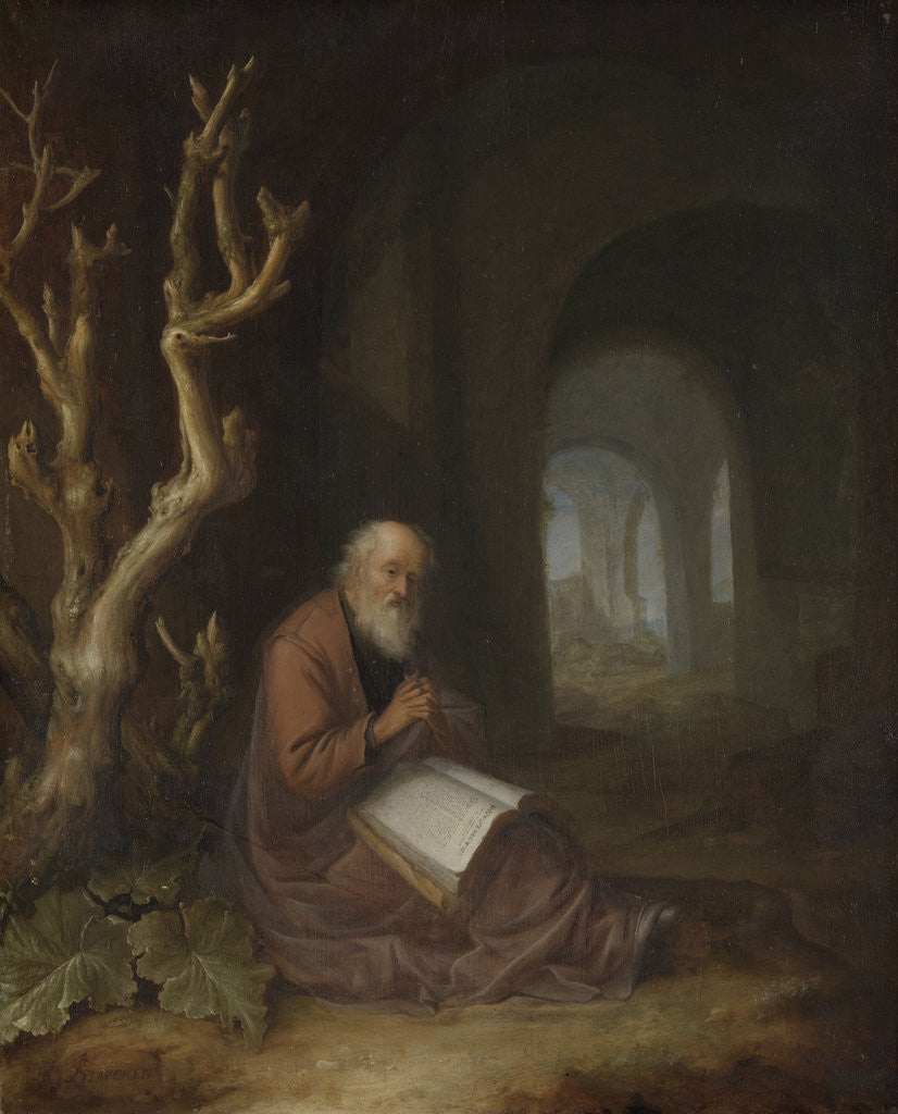 Detail of A hermit praying in a ruin by Jan Adriaensz. van Staveren