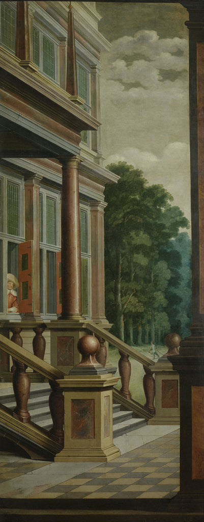 Detail of A Staircase, right side of the depiction. One of a seven-part room decoration by Dirck van Delen