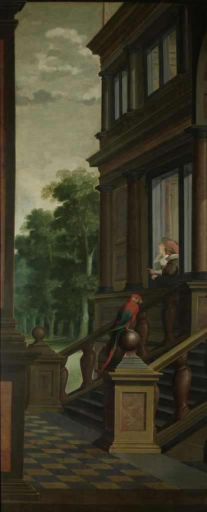 Detail of A Staircase, left side of the depiction. One of a seven-part room decoration by Dirck van Delen