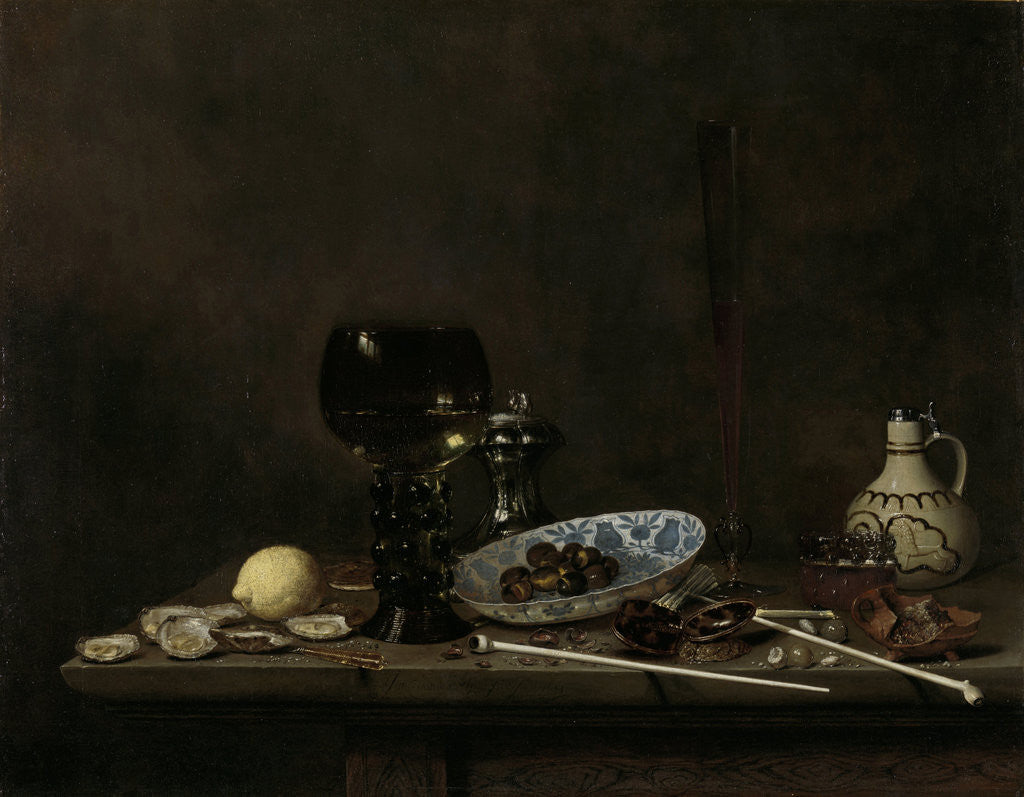 Detail of Still Life with Roemer, Flute Glass, Earthenware Jug and Pipes by Jan Jansz. van de Velde III