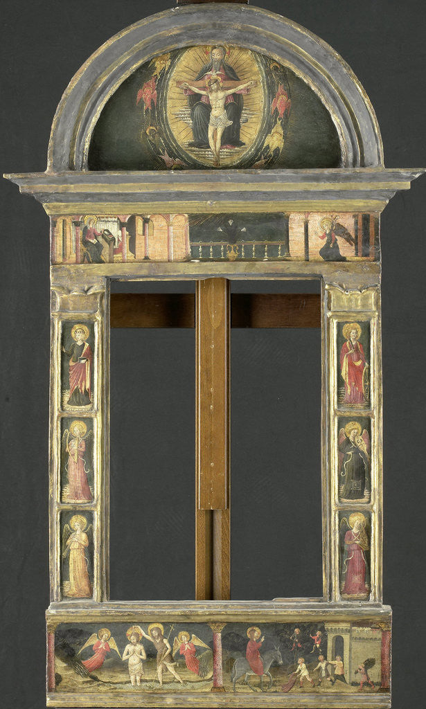 Detail of Frame depicting the Annunciation, Baptism of Christ, Entry into Jerusalem, Saints Cecilia and Catherine of Alexandria, Trinity (Gnadenstuhl, Mercy Seat), and four Music-making Angels by Circle of Giovanni di Francesco del Cervelliera