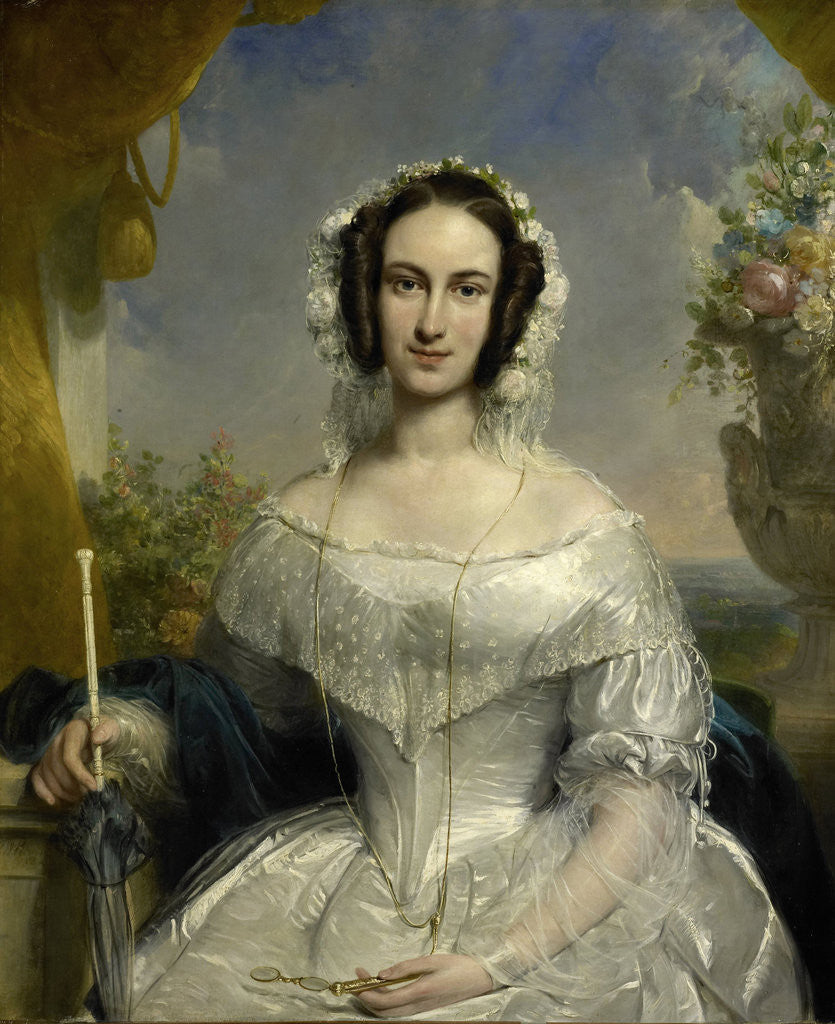 Detail of Agatha Petronella Hartsen. Bridal gown on the occasion of her marriage to Jan van der Hoop op 17 maart 1841 by Jan Willem Pieneman