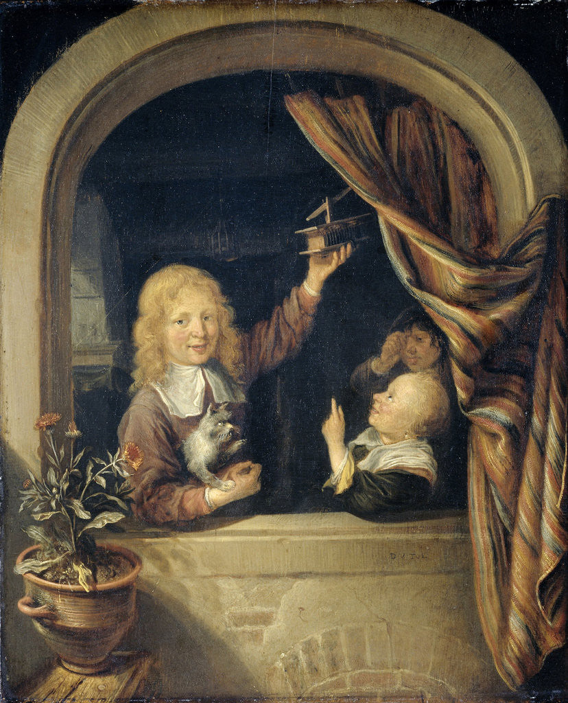 Detail of Children with a mousetrap by Domenicus van Tol