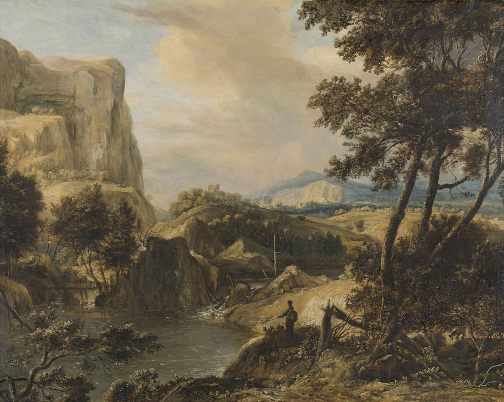 Detail of Mountainous landscape with fisherman by Roelant Roghman