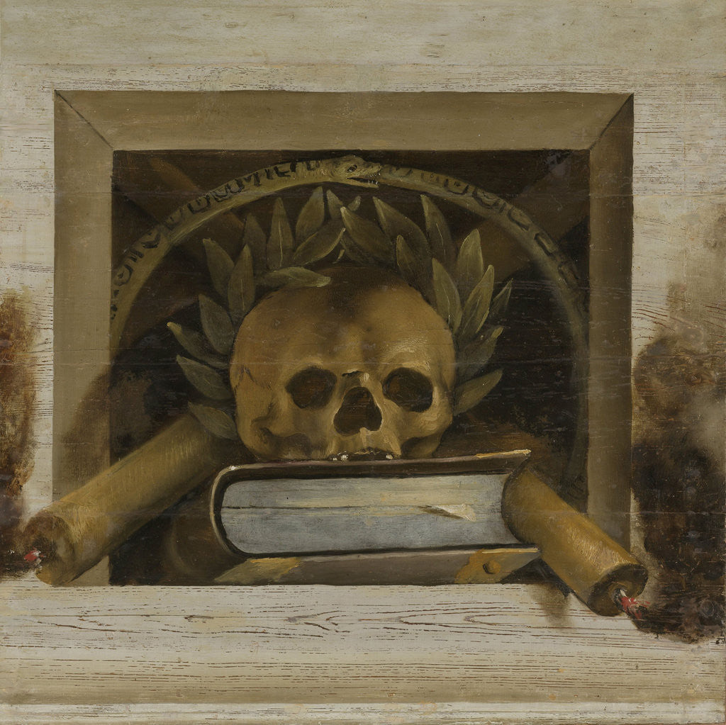 Detail of Vanitas Still Life with Scull with Laurel Wreath and two Burning Candles by Jacob van Campen