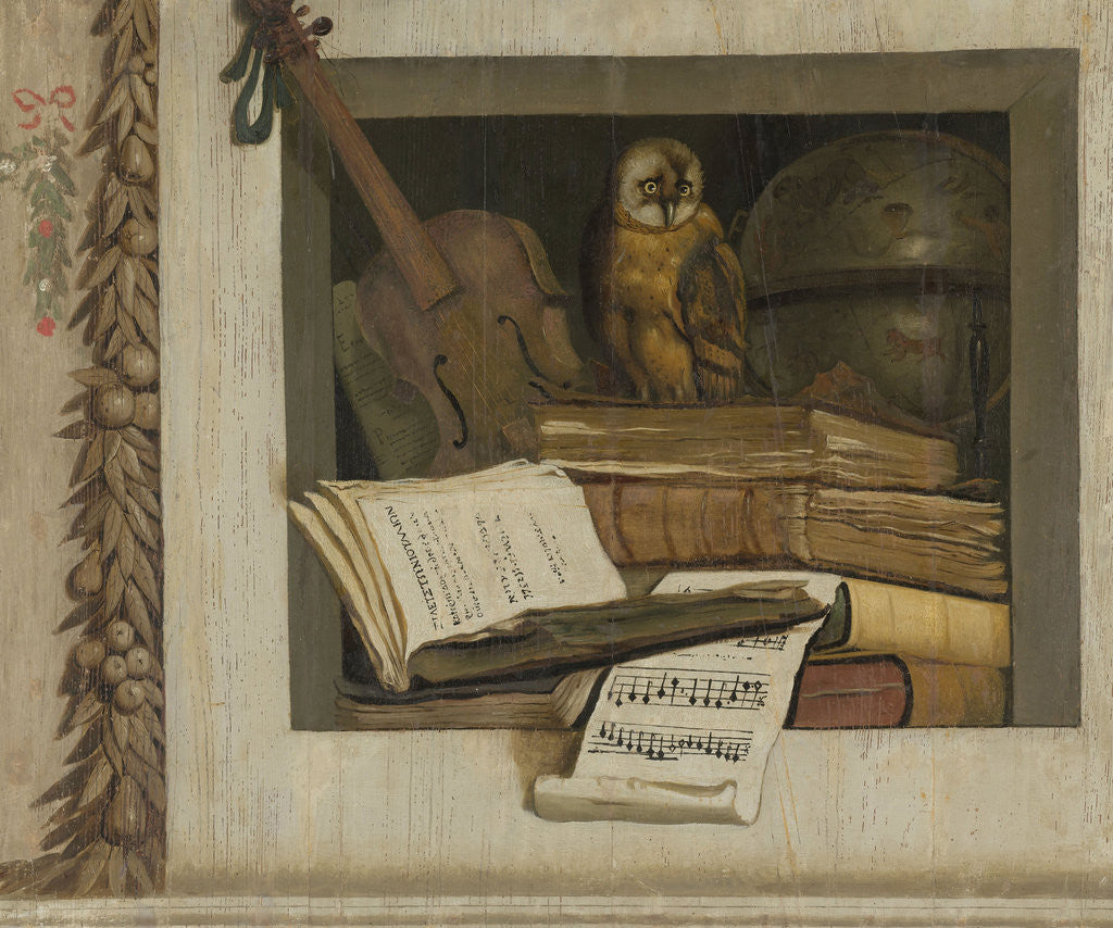 Detail of Still Life with Books, Sheet Music, Violin, Celestial Globe and an Owl by Jacob van Campen