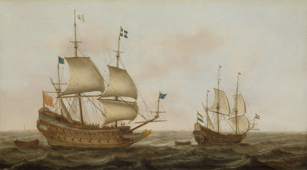 Detail of A Warship, built in 1626 by order of Louis XIII in a Dutch shipyard, Arriving at a Dutch Port under Guidance of a Dutch Ship by Jacob Gerritz. Loef