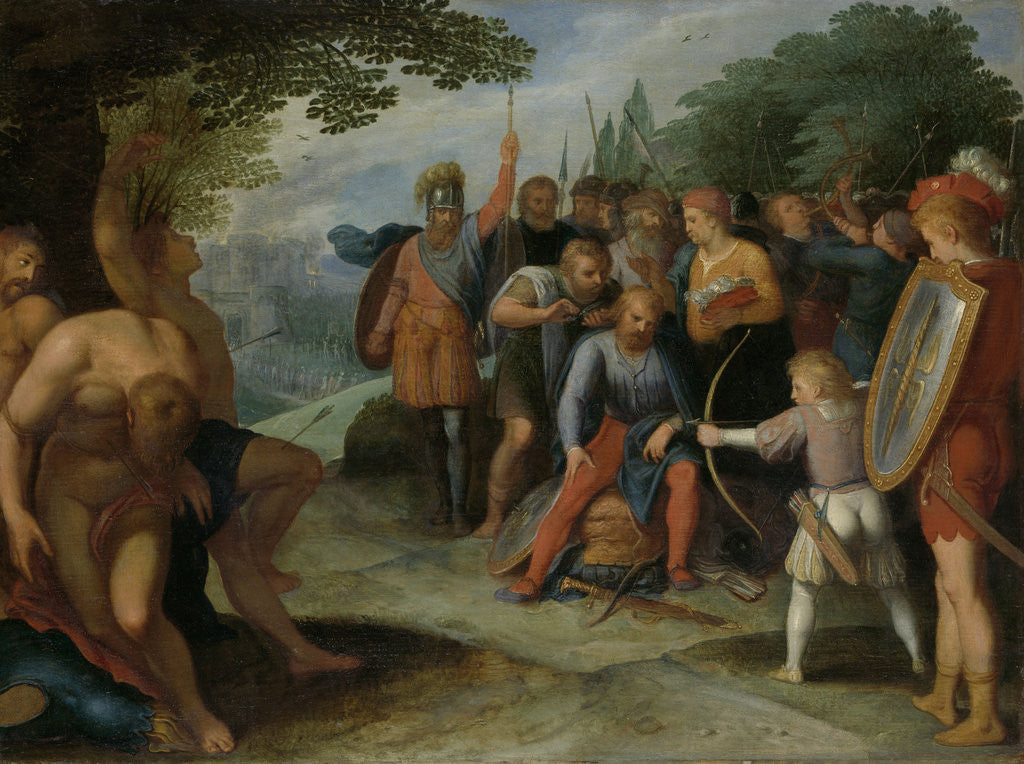Detail of After the Fall of Vetera Castra Claudius Civilis has his hair cut while his son shoots some prisoners by Otto van Veen