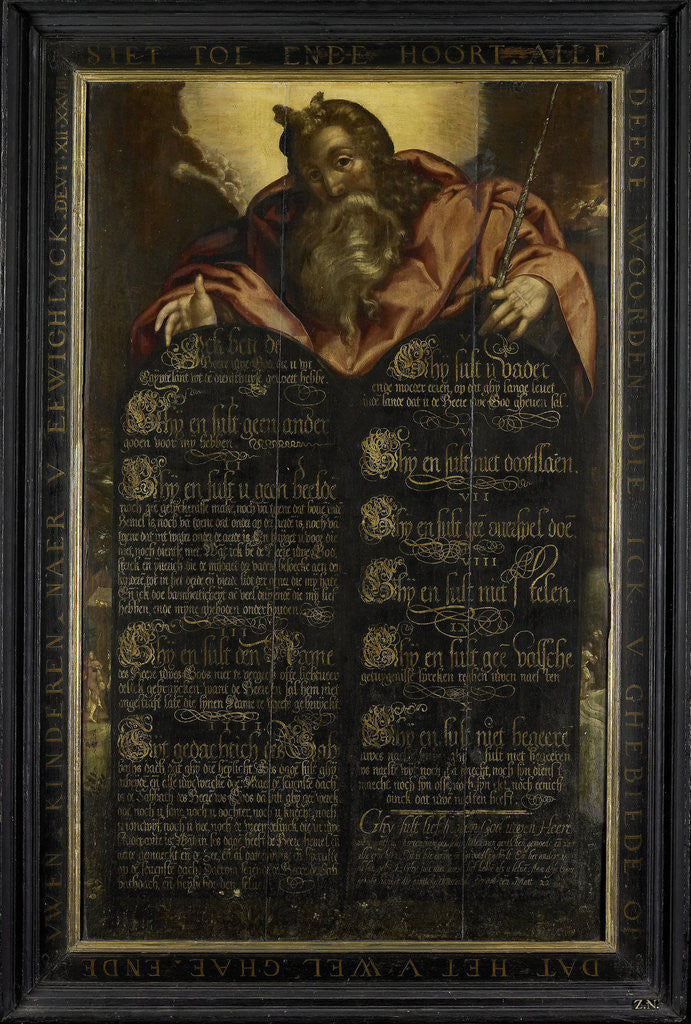 Detail of The Tablets of the Law of the Ten Commandments in calligraphy shown by Moses by Anonymous