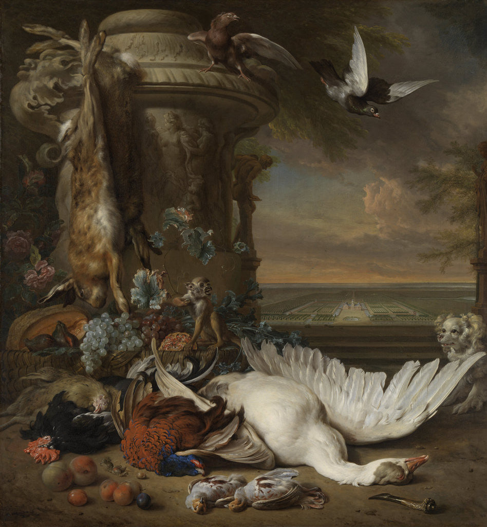 Detail of Hunting and Fruit Still Life next to a Garden Vase, with a Monkey, Dog and two Doves by Jan Weenix
