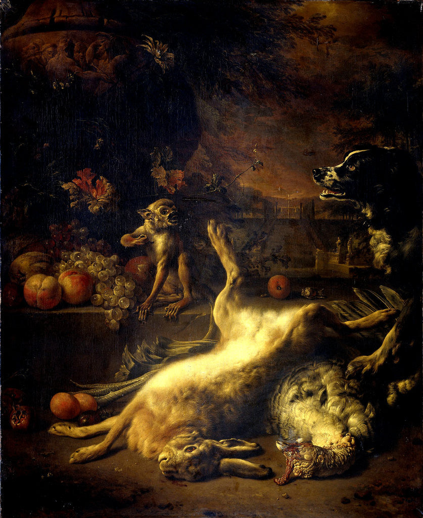 Detail of A Monkey and a Dog with Dead Game and Fruit by Jan Weenix