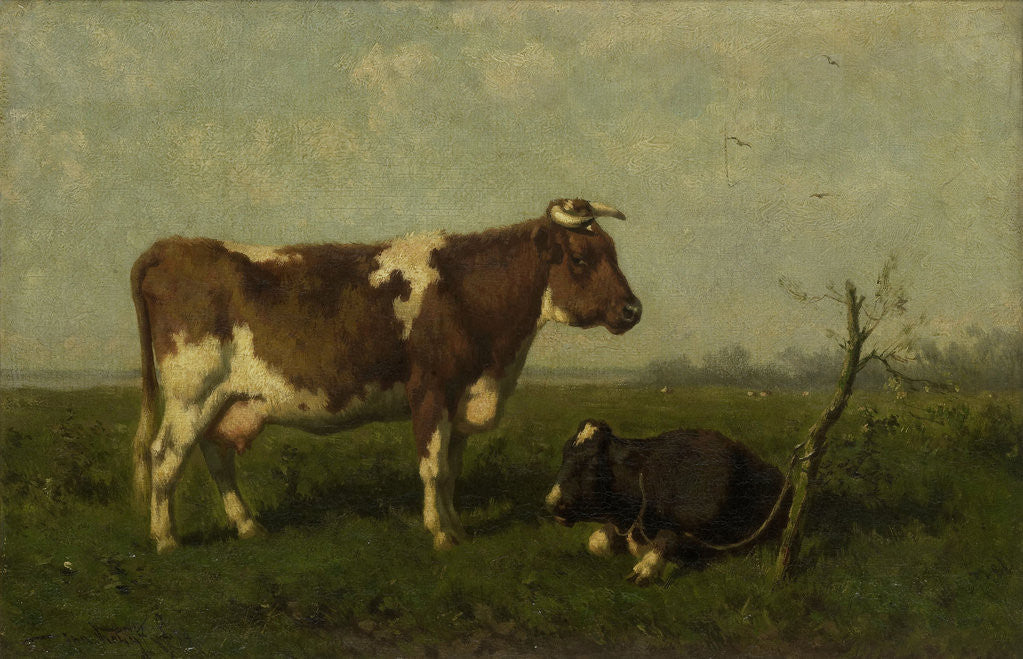 Detail of A cow with her calf in a meadow by Jan Vrolijk