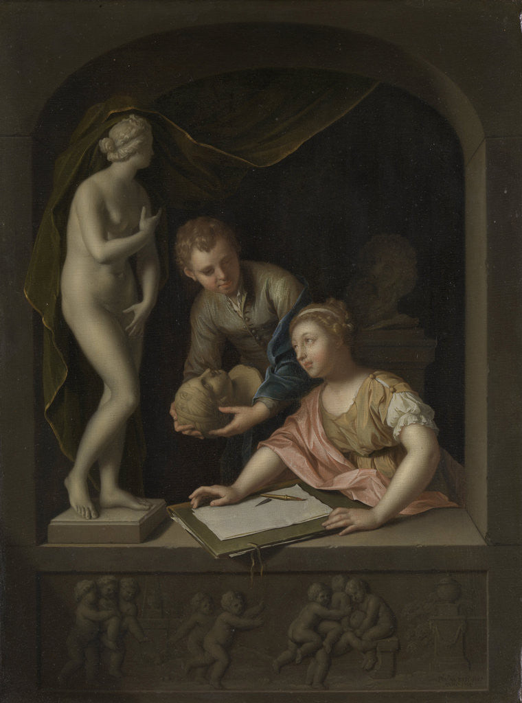 Detail of A Girl Drawing and a Boy near a Statue of Venus by Pieter van der Werff