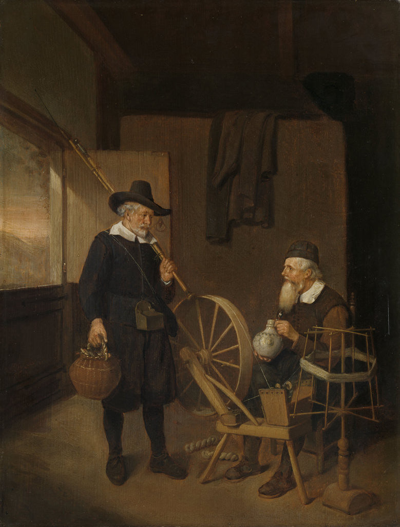 Detail of Interior with an Angler and a Man Sitting at a Spinning Wheel and Reel by Quiringh Gerritsz. van Brekelenkam