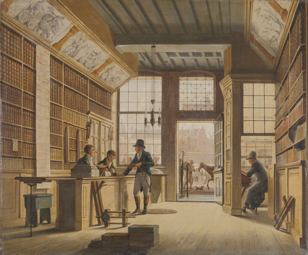 Detail of The Shop of the Bookdealer Pieter Meijer Warnars on the Vijgendam in Amsterdam, The Netherlands by Johannes Jelgerhuis