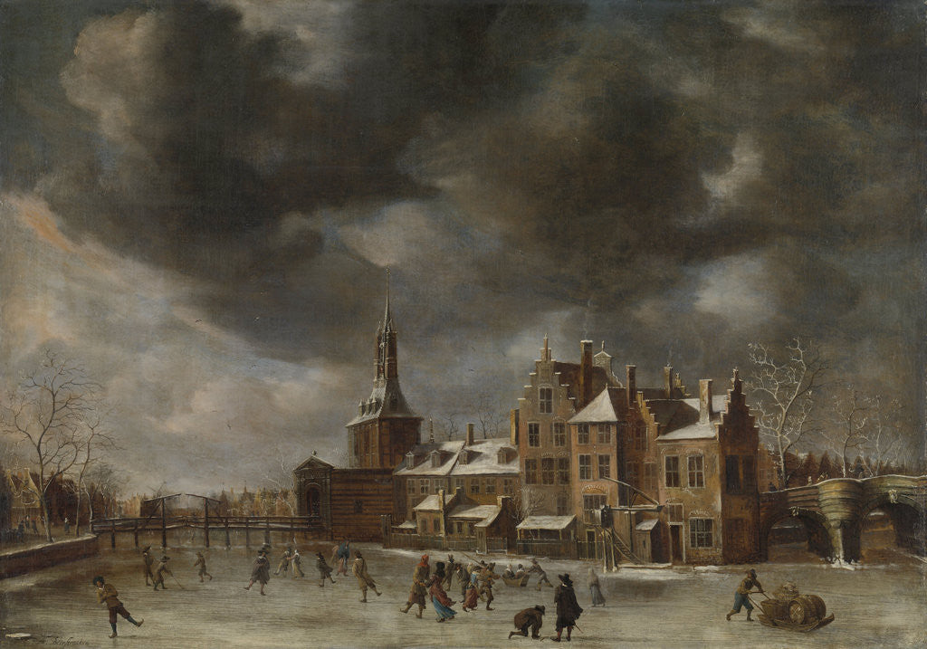 Detail of The Blauwpoort of Leiden in Winter, The Netherlands by Abraham Beerstraten