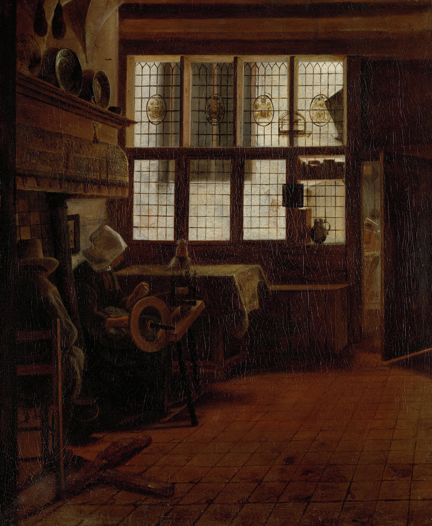 Detail of Interior with a Woman at a Spinning Wheel by Esaias Boursse