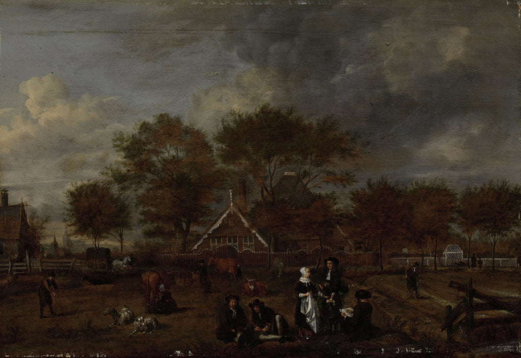 Detail of Farmstead with the Gentleman Farmer and his Wife and the Painter in the foreground by Jan Pietersz Opperdoes