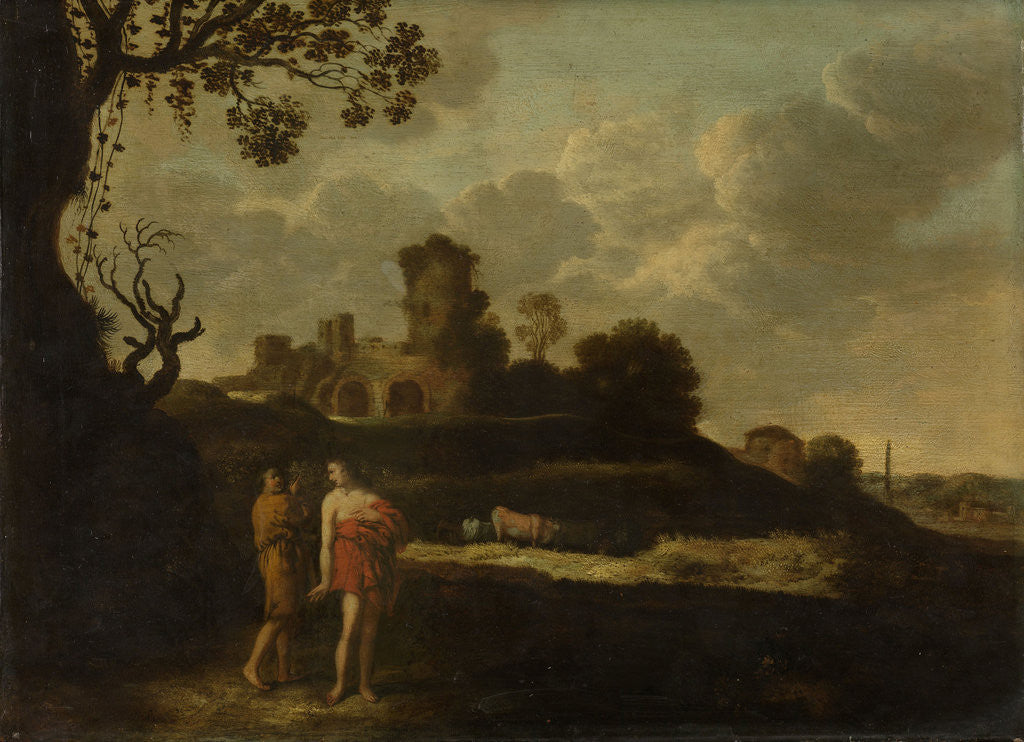 Detail of Arcadian Landscape with Shepherds and Cows by Dirck Dalens I
