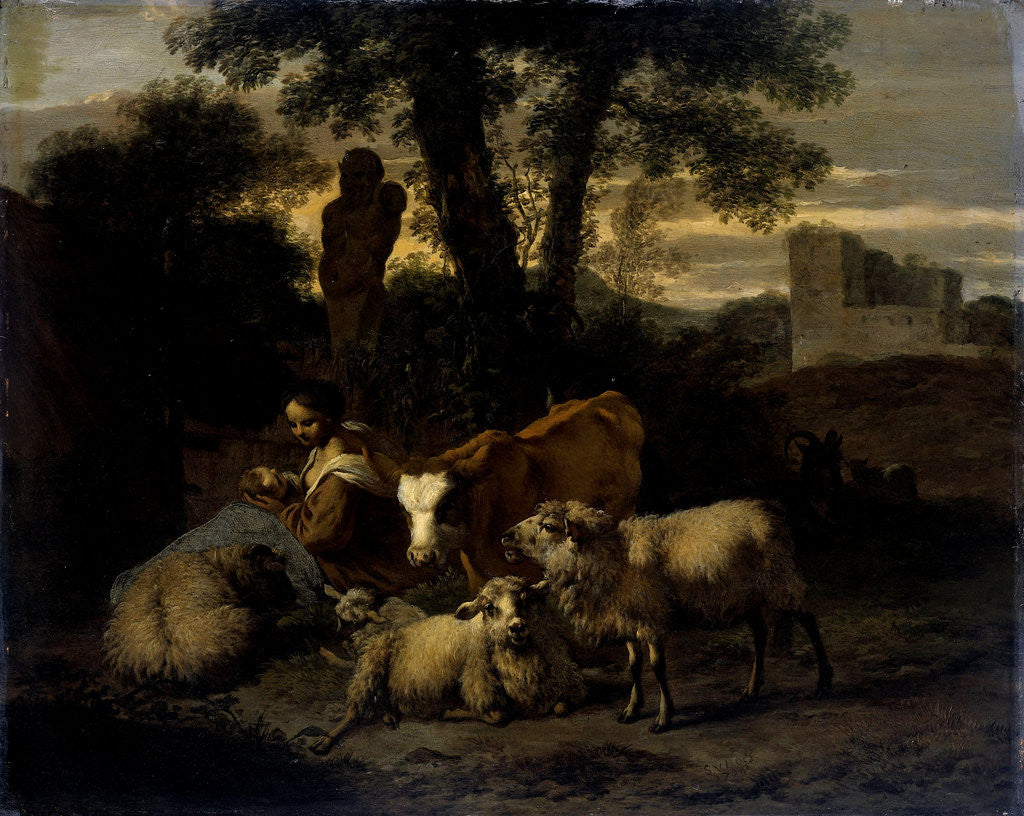 Detail of Italian Landscape with Shepherdess and Animals by Simon van der Does