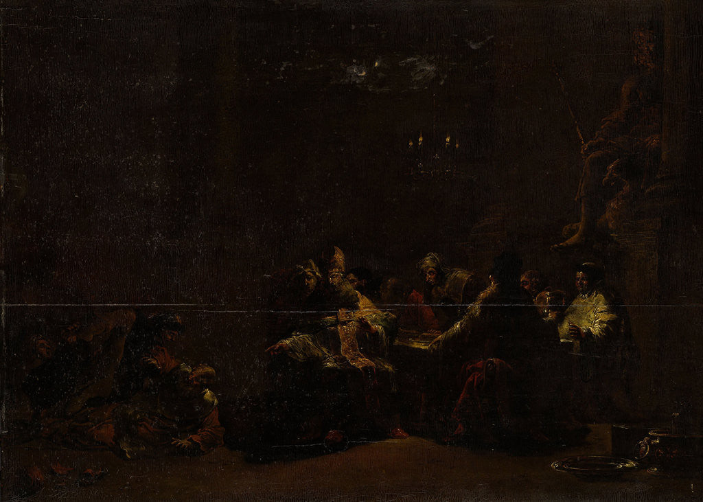 Detail of Pashur Smites Jeremiah in the Temple, Fight during a meal of priests and monks in a temple of Jupiter by Leonaert Bramer